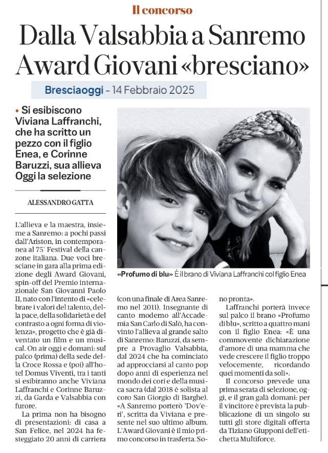 Pagina di Bresciaoggi con un articolo su Viviana Laffranchi e suo figlio Enea, in gara agli Award Giovani 2025 di Sanremo con il brano 'Profumo di Blu'.