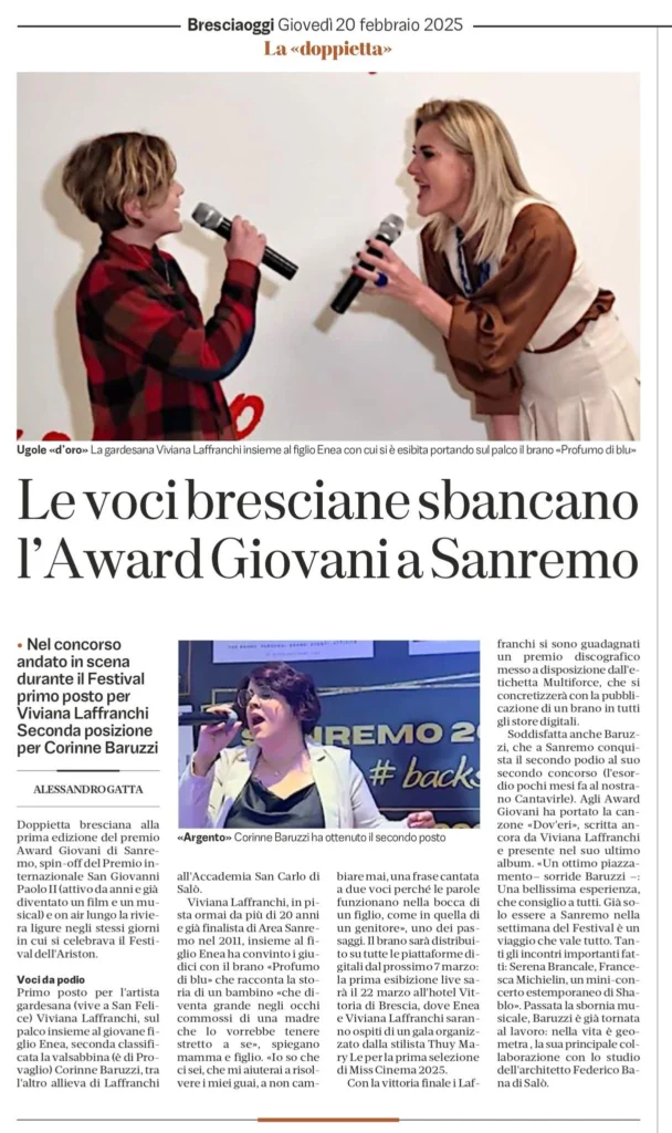 Pagina di Bresciaoggi con un articolo che racconta la vittoria di Viviana Laffranchi ed Enea all’Award Giovani 2025 a Sanremo.