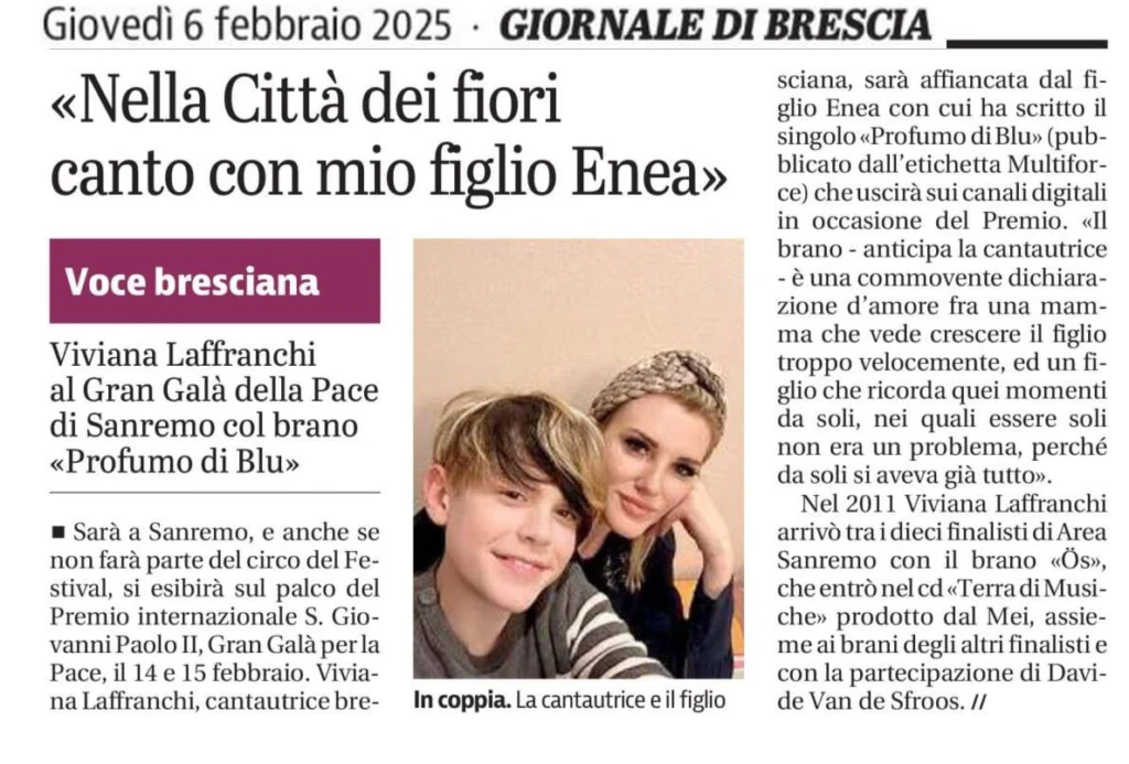 Ritaglio dell’articolo del Giornale di Brescia su Viviana Laffranchi e suo figlio Enea, che presentano 'Profumo di Blu' al Gran Galà della Pace di Sanremo 2025.