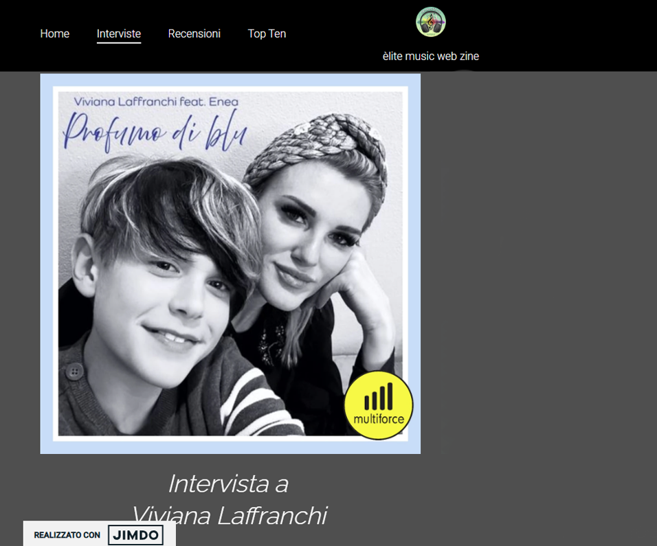 Pagina di èlite music web zine con un articolo dedicato alla vittoria di Viviana Laffranchi ed Enea all’Award Giovani 2025 di Sanremo con il brano 'Profumo di Blu'.