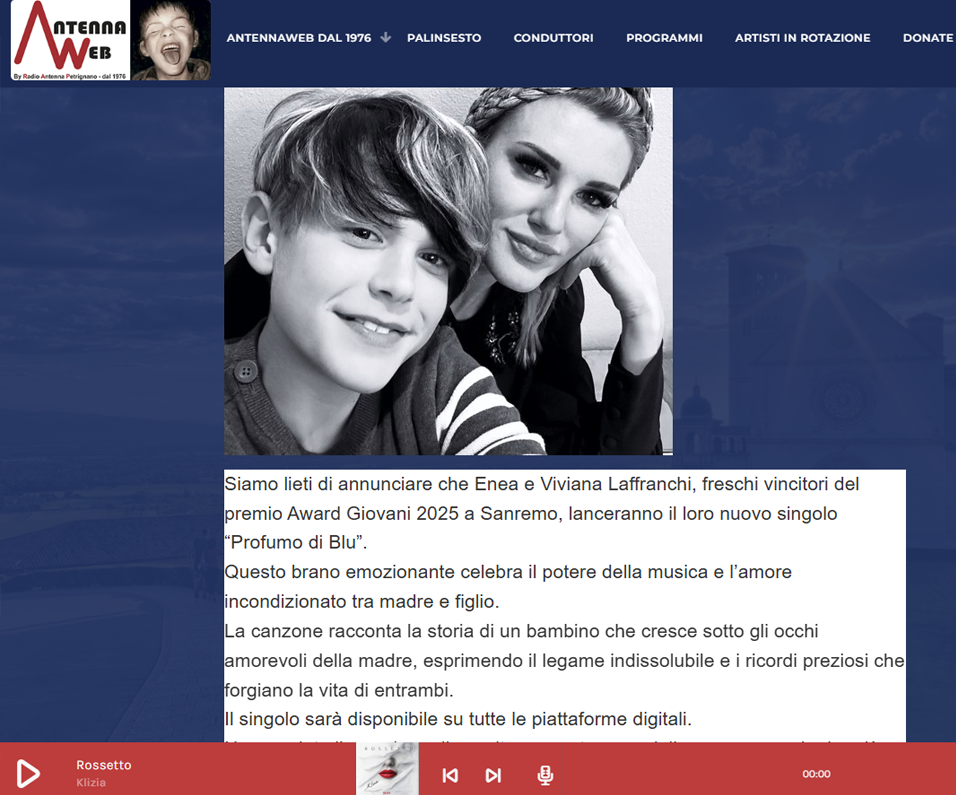 Pagina di Antena Web con un articolo dedicato alla vittoria di Viviana Laffranchi ed Enea all’Award Giovani 2025 di Sanremo con il brano 'Profumo di Blu'.